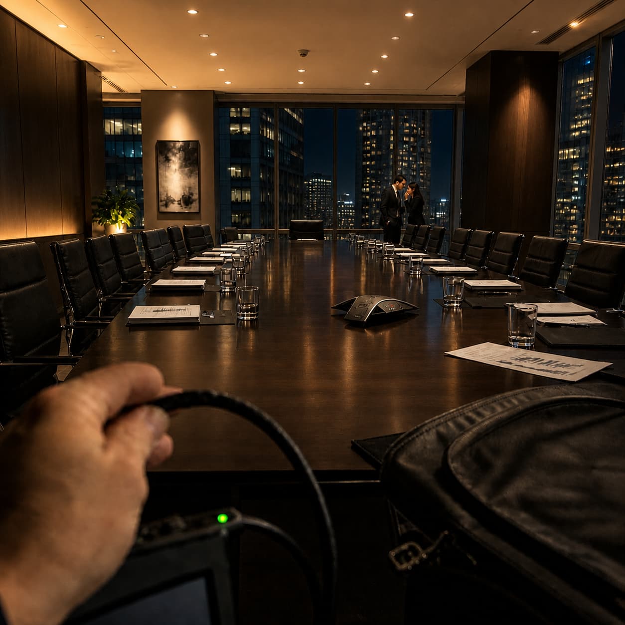 Leo working in a high-level corporate boardroom